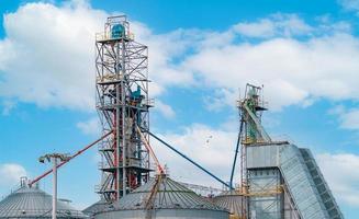 Agriculture silo at feed mill factory. Tank for store grain in feed manufacturing. Seed stock tower for animal feed production. Commercial feed for livestock and fish industries. Animal food factory. photo