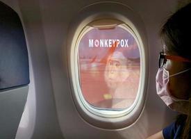 Woman wear surgical mask sit on passenger seat near cabin window of the airplane with monkeypox outbreak concept. Monkeypox is caused by monkeypox virus. Traveling by plane during monkeypox outbreak. photo