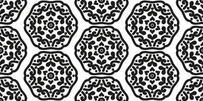 patrón geométrico sin costuras de mandalas simétricos. adorno de damasco abstracto vintage para textiles, papel pintado o papel. en blanco y negro. vector