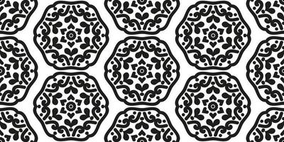 Seamless geometric pattern from symmetrical mandalas. Vintage abstract damask ornament for textile, wallpaper or paper. Black and white. vector