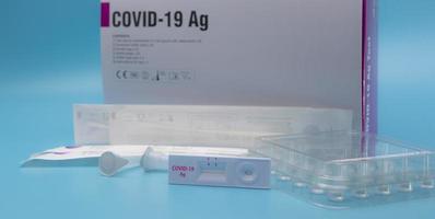 Covid 19 antigen self test for nasal swab. Antigen test kit for home use to detection coronavirus infection. Rapid antigen test. Corona virus diagnosis. Medical device for covid-19 Antigen test. photo