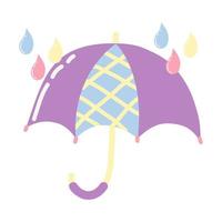 paraguas púrpura con gotas de lluvia en estilo plano de dibujos animados aislado sobre fondo blanco. icono aislado. ilustración de decoración. para el diseño de los niños. vector