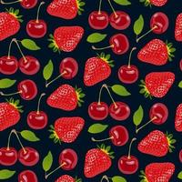 Red strawberries and cherries with a green leaf on a dark blue background. Background with various berries seamless pattern. Gorgeous fresh red fruits vector illustration.