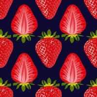 Beautiful background with ripe red strawberries and slices of strawberries on a dark blue background. Vector abstraction with strawberries. Fruit seamless pattern.