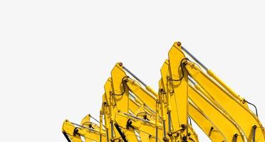 Yellow backhoe with hydraulic piston arm isolated on white. Heavy machine for excavation in construction site. Hydraulic machinery. Huge bulldozer. Heavy machine industry. Mechanical engineering. photo