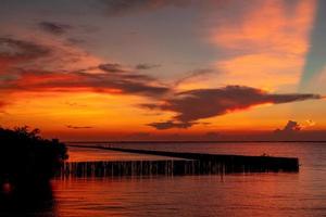 Beautiful sunset sky over the tropical sea. Red sunset sky. Skyline at the sea. Beauty in nature. Tropical sea. Scenic view of sunset sky. Calm ocean. Seascape.