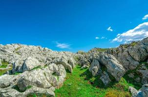 Landscape of green grass and rock hill in spring with beautiful blue sky and white clouds. Countryside or rural view. Nature background in sunny day. Fresh air environment. Stone on the mountain. photo