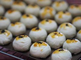 Dessert Moon cake, Chinese Puff Pastry, Bean cake with salted egg yolk, Thai cake mung bean and egg cake on top with Black Sesame Seeds place Stainless grating photo