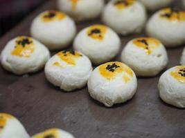 Dessert Moon cake, Chinese Puff Pastry, Bean cake with salted egg yolk, Thai cake mung bean and egg cake on top with Black Sesame Seeds place Stainless grating photo