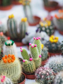 el tronco verde del árbol de cactus tiene puntas afiladas alrededor de la flor en macetas de plástico flor colorida foto