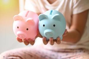 Child woman hand hold blue and pink piggy bank for saving money for education study or investment , Save money concept, daughter hands holding pink piggy bank photo