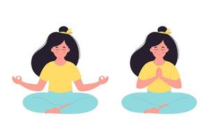 mujer meditando en posición de loto. estilo de vida saludable, yoga, relax, ejercicio respiratorio. vector