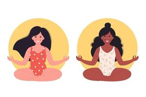 mujeres meditando en posición de loto. estilo de vida saludable, yoga, relax, ejercicio respiratorio. vector