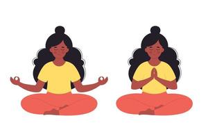 mujer negra meditando en posición de loto. estilo de vida saludable, yoga, relax, ejercicio respiratorio. vector