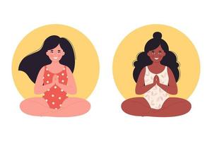 mujeres meditando en posición de loto. estilo de vida saludable, yoga, relax, ejercicio respiratorio. vector