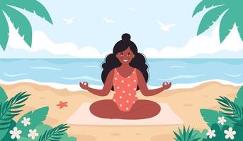 Black woman meditating on beach. Hello summer, summer leisure, vacation vector
