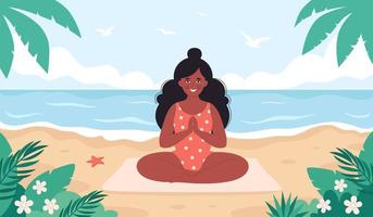 mujer negra meditando en la playa. hola verano, ocio de verano, vacaciones vector