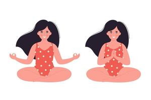 Woman meditating in swimsuit. Healthy lifestyle, yoga, relax, breathing exercise vector