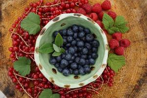 Blueberry In The Ceramic Bowl And Red Currant Berries On The Wood Table In The Garden.
