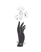 Hand with crystal. Mystical, esoteric, magic or healing crystal. Linear art. vector