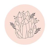 Mystical, esoteric or healing crystals with flowers, leaves. Linear art. vector