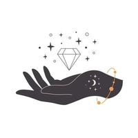 mano con cristal. cristal místico, esotérico, mágico o curativo. arte lineal. vector