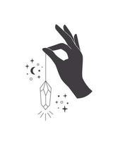 Hand with crystal. Mystical, esoteric, magic or healing crystal. Linear art. vector