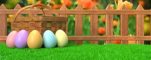 red blue green yellow orange gold color decoration ornament grass wooden basket wooden garden spring time season march april symbol happy easter egg holiday  holiday relax lifestyle travel.3d render photo