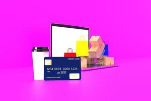Blue credit card coffee cup bag red yellow box shop store computer notebook laptop tablet payment money internet application online smartphone technology digital ecommerce business website.3d render photo