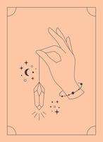 Hand with crystal. Mystical, esoteric, magic or healing crystal. Linear art. vector