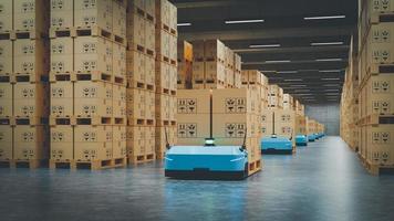 robots agv que transportan cajas de cartón en el centro logístico de distribución. foto