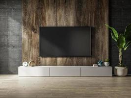 Cabinet with wooden wall mounted tv in interior concrete room. photo
