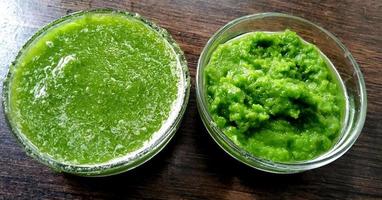 Healthy Indian Green Chutney or Sauce Made using Coriander, Mint And Spices. isolated wooden background. Selective focus