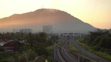 Railway station in morning sunrise video