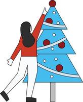 The girl is decorating the Christmas tree. vector