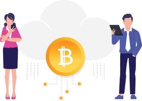 Girl and boy working on bitcoin cloud computing. vector