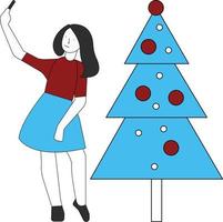 The girl is taking selfie with christmas tree. vector