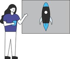 The girl is standing near the rocket launch. vector
