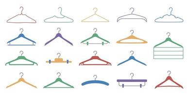 Set of different flat coloreful clothes hangers isolated on the white background. Coat and dress empty fashion clothing hooks. Vector illustration