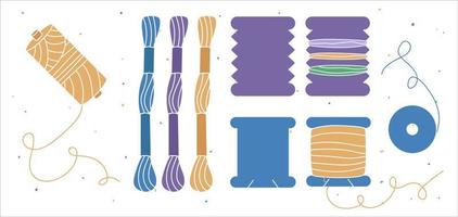 Set of colourful icons with threads on bobbin, spool of thread, floss. Perfect for tailors, sewers, dressmakers, children, handmaders. Vector flat illustration. Isolated on white bg.