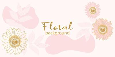 Pink minimal background with flowers and leaves. Vector background with sunflowers. Abstract art for banner, packaging or wedding invitation.