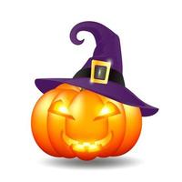 Orange pumpkin with a smile in a purple witch hat. Halloween pumpkin with witches hat. Jack lantern attribute of All Saints Day. Vector illustration. Happy Halloween.