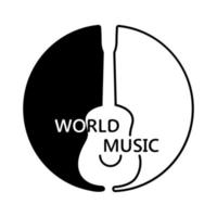 Black and white round logo with guitar outline and text World music. Guitar vector illustration. Flat icon on white background. Musical emblem. Web icon.