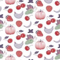 Juicy ripe fruits, berries and vegetables seamless pattern. Colorful vector illustration of strawberry, raspberry, grape, pumpkin, banana, cherry. A set of assorted fruits.