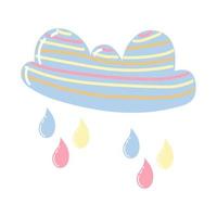 Beautiful doodle icon with colorful cartoon rain and cloud painted bright on white background for decorative design. Childrens print. Vector illustration.