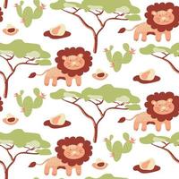 Vector pattern with cartoon lions, cactus, trees on a white background. African savannah with lion and wildlife.Colorful vector in flat style. For childrens design of fabric, curtain or wallpaper.