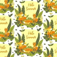 Seamless pattern with cute foxes in nature. A family of wild foxes in the meadow. Template with a fox and the inscription Hello Autumn. Vector illustration