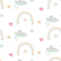 Seamless pattern with cartoon rainbow, cloud and flowers on white background.Cute baby background for printing on wrapping paper, fabric, clothes. Fabric design element. Seamless vector pattern.