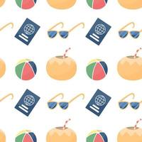 Seamless pattern with colorful beach elements. Sunglasses, balls, coconut and passport. Vector summer vacation repeatable design.