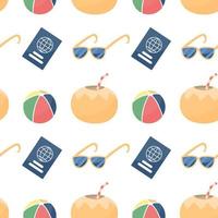 Seamless pattern with colorful beach elements. Sunglasses, balls, coconut and passport. Vector summer vacation repeatable design.